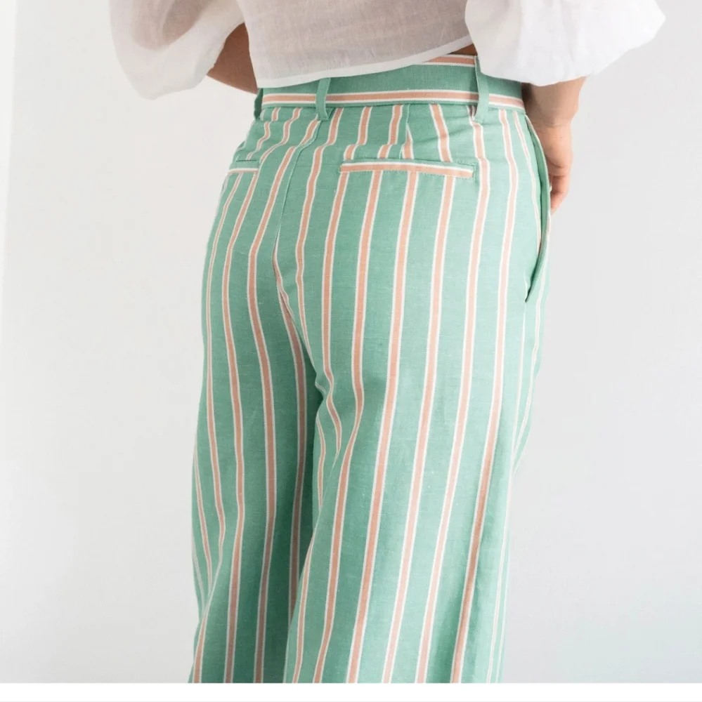 Striped Green Wide-Leg Pants - Picture 4 of 6